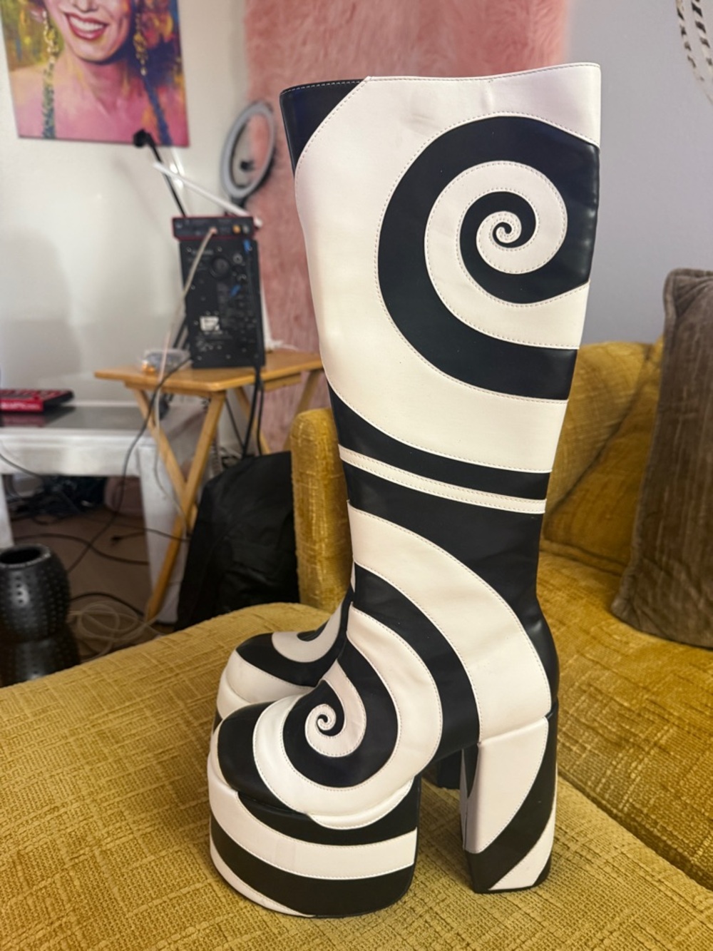 Black & White Swirl Platform Knee-High Boots - Women - Picture 6 of 7